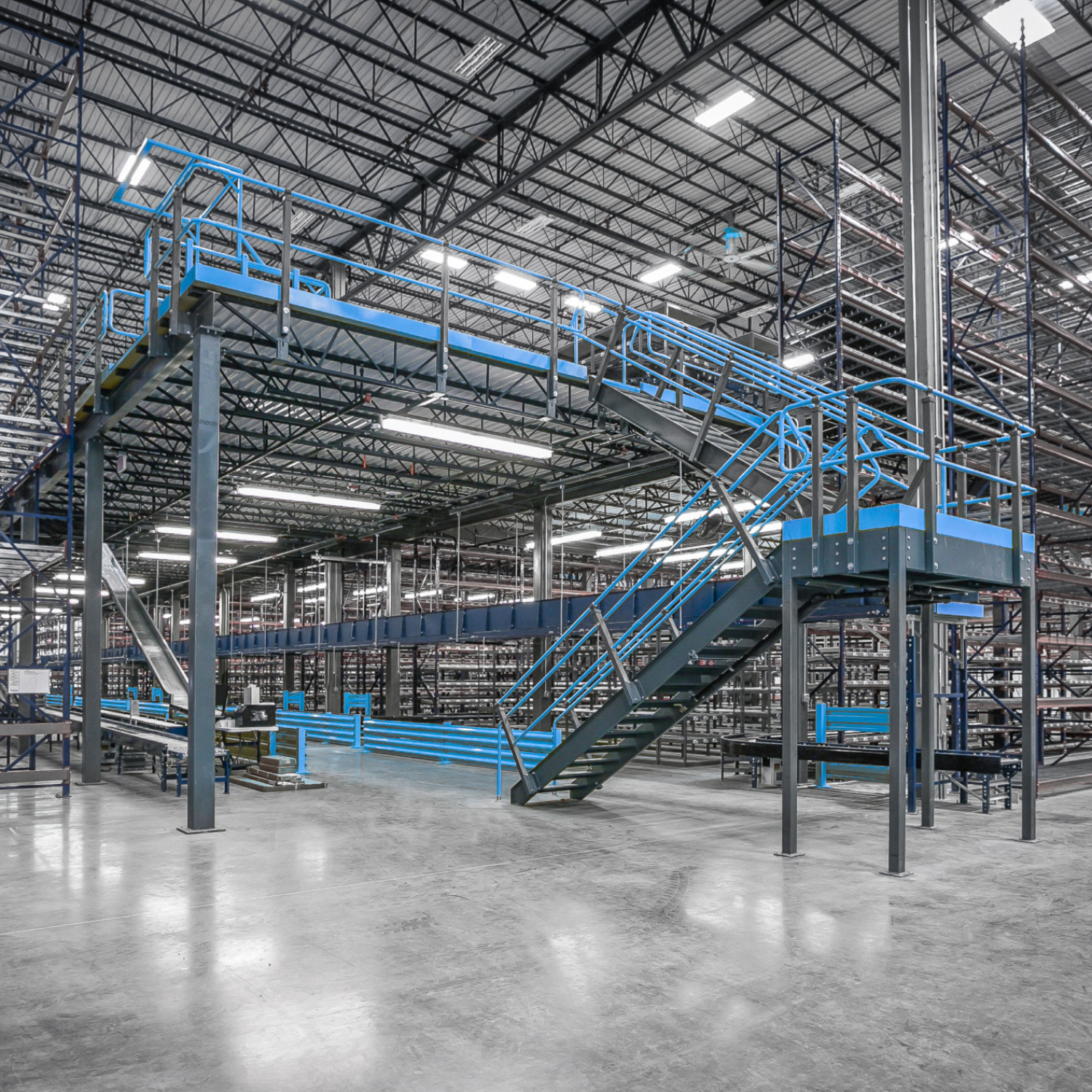 Pallet Rack Protection, Mezzanine, Cages, Wire Partitions, Vertical Reciprocating Conveyor Lifts